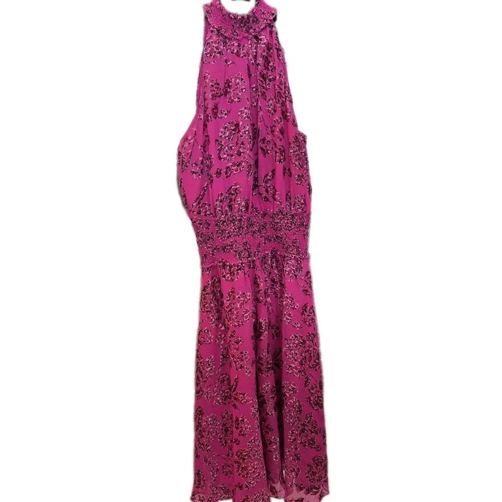 White House Black Market Pink Rose Burnout Smock-Neck Midi Dress SZ 6 Flowy Boho
